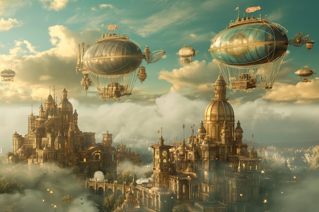 Złota godzina steampunk krajobraz miejski z statkami powietrznymi latającymi nad dramatycznym niebem i chmurami prezentujący futurystyczny krajobraz retrofuturizmu z miedzianymi tonami i pojazdami napędzanymi parą