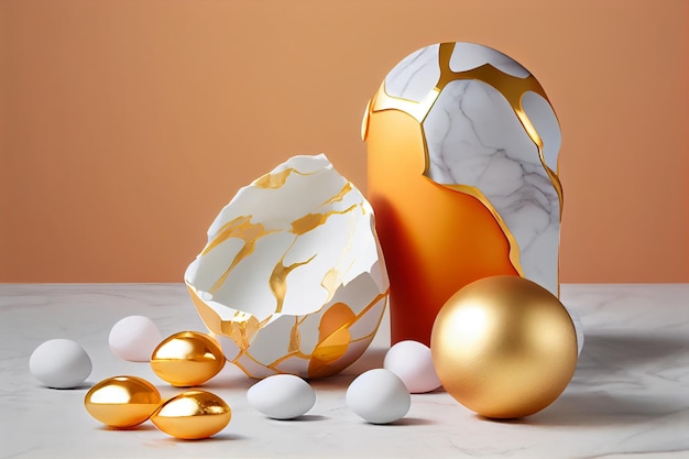 Złota i biała skorupa jajka ze złotymi jajkami na stole