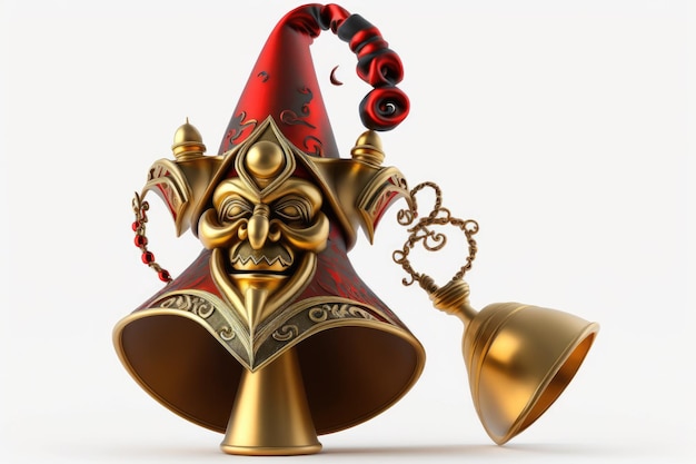 Złota i czerwona marionetka błazna z cylindrem i dzwonkami na białym tle