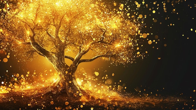 Złota ilustracja fantazji drzewa Piękne abstrakcyjne tło Generative Ai