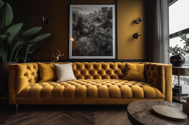Złota kanapa ze złotą aksamitną sofą i rośliną na ścianie.