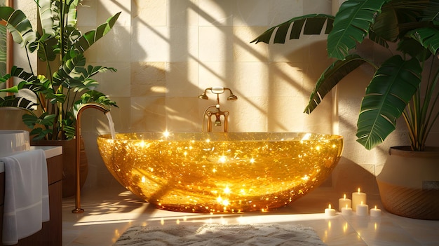 Złota kąpiel siedzi w pokoju otoczonym roślinami i liśćmi.