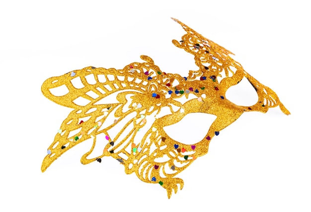 złota karnawałowa maska z brokatem na białym tle