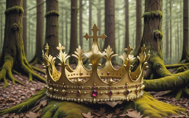 Złota korona leży na ziemi w lesie