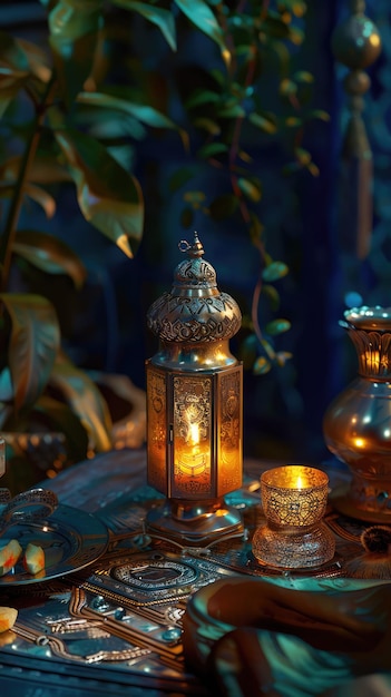 Zdjęcie złota latarnia na stole w stylu islamskiego ramadanu