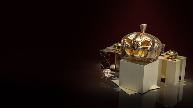 Złota latarnia z dyni i pudełko na prezenty w ciemnym odcieniu na halloweenową koncepcję renderowania 3d