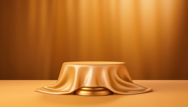 Złota luksusowa tkanina lub tkanina umieszczona na górnym cokole lub pustej półce na podium na złotym tle