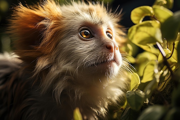 Złota małpa bada bujny las pomiędzy kolorowymi owocami i generatywnym IA z filtrowanym światłem