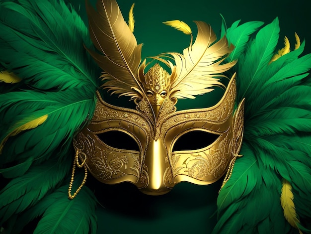 Złota maska karnawałowa z piórami na zielonym tle