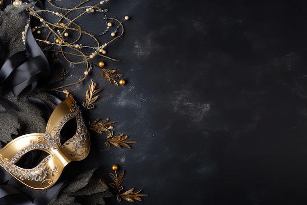 Zdjęcie złota maska karnawałowa z złotymi liśćmi i złotą koroną
