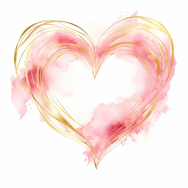 Zdjęcie złota miłość akwarela różowe serce w złotej ramie ekskluzywny clipart izolowany na białym ba