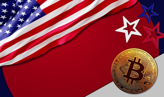 Złota moneta bitcoin na tle flagi USA