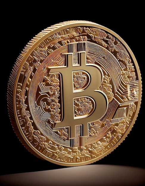 Złota moneta cripto bitcoin z czarnym tłem