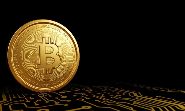Złota moneta cyfrowa Symbol Bitcoin Kryptowaluta Biznes wymiany walut cyfrowych Internet Bitcoin na powierzchni układu elektronicznego Czarne tło Rendering 3D