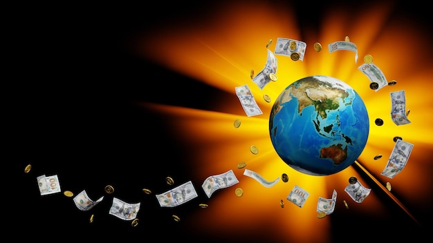 Złota Moneta I Banknot Na Całym świecie Lub Element Koncepcji Biznesowej świata Ziemi Przez Renderowanie 3d Nasa