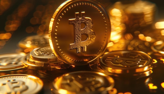 Złota moneta z literą b na niej siedzi na stole z innymi złotymi monetami generowanymi przez AI obraz