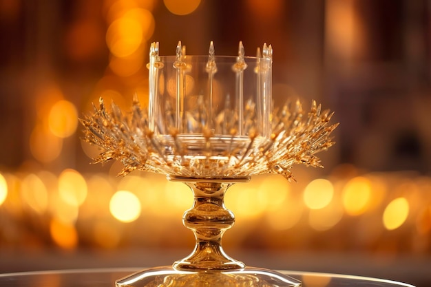 Zdjęcie złota monstrancja z małym przezroczystym kryształowym środkiem poświęcona kościołowi gospodarzowi, rozmyte tło ai generative