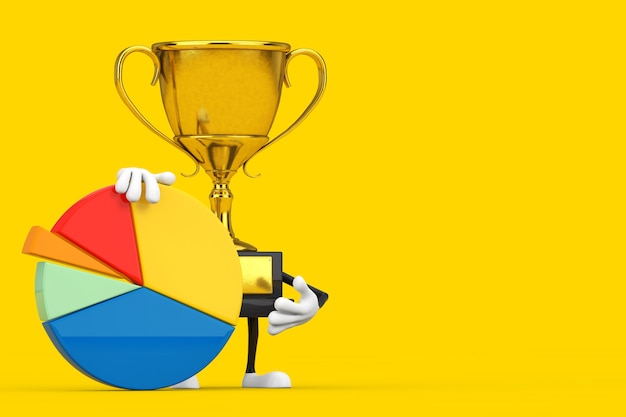 Złota nagroda zwycięzca trofeum charakter maskotka z wykresem kołowym firmy grafika informacji na żółtym tle. Renderowanie 3D