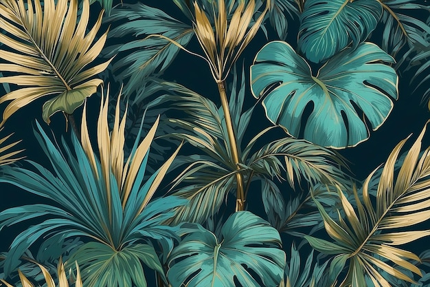 Złota palma elegancja abstrakcyjna luksusowa sztuka botaniczna niebieski i zielony egzotyczne liście do tapety druk tekstylny