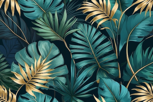Złota Palma Elegancja Abstrakcyjna luksusowa sztuka botaniczna Niebieskie i zielone egzotyczne liście do tapet tekstylnych