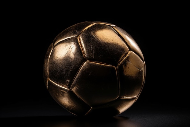 Złota piłka nożna w kolorze znajduje się na czarnym tle.