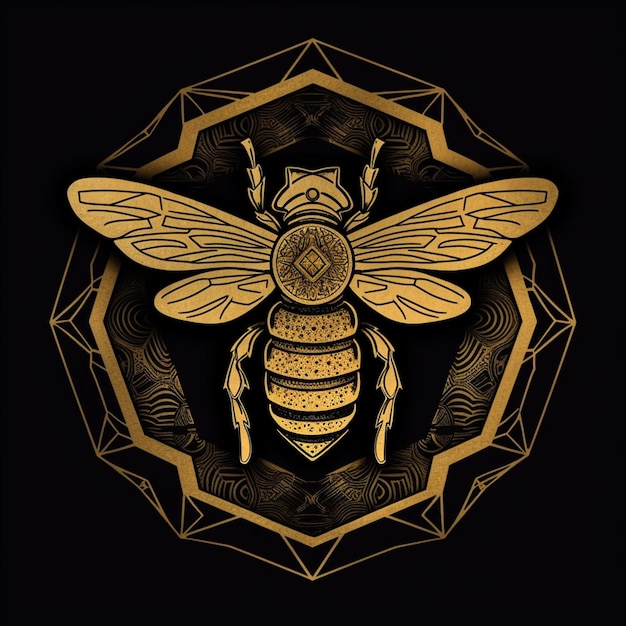 Złota pszczoła na czarnym tle z geometrycznym wzorem generatywnym ai