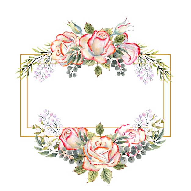 Złota rama geometryczna z bukietem białych róż z liśćmi, ozdobnymi gałązkami i jagodami na na białym tle. Akwarela ilustracja do logo, zaproszeń, kart okolicznościowych itp.