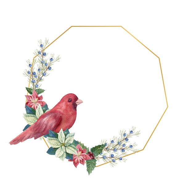 Złota rama geometryczna z zimowym d cor i czerwonym ptakiem. Akwarela świąteczna ilustracja