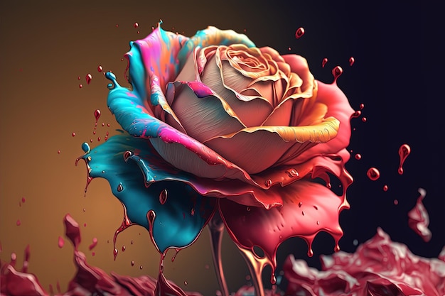 Złota róża z plamą panint nad nią złota brokatowa farba kolorowy piękny kwiat róży Generative Ai