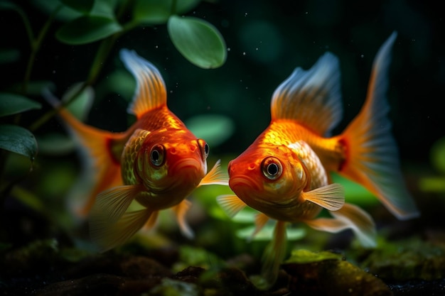 Złota ryba w zbiorniku z zielonymi liśćmi i rybą na tle.