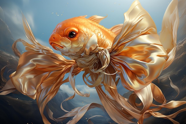 Złota rybka z ilustracją wstążki przypominającej płetwy