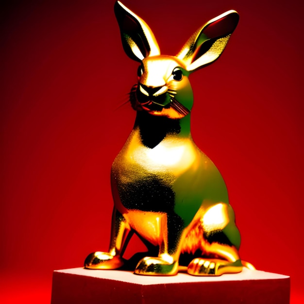 Złota rzeźba królika na czerwonym tle