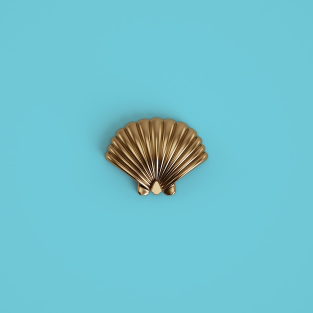 Złota seashell rzeźba na pastelowym błękitnym tle. Renderowania 3d