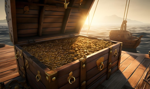 Złota skrzynia skarbów na łodzi pośród nierealnego silnika renderowanego w tle Sea of Thieves