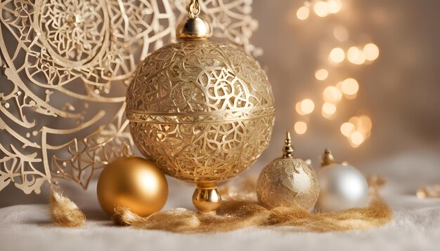 Złota świąteczna piłka siedzi obok choinki