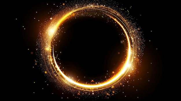 Złota świecąca ramka okrągła z błyszczącym błyskiem na czarnym tle Ilustracja neonowego światła okrągłego elementu z złotymi błyszczącymi iskrami i odbiciami