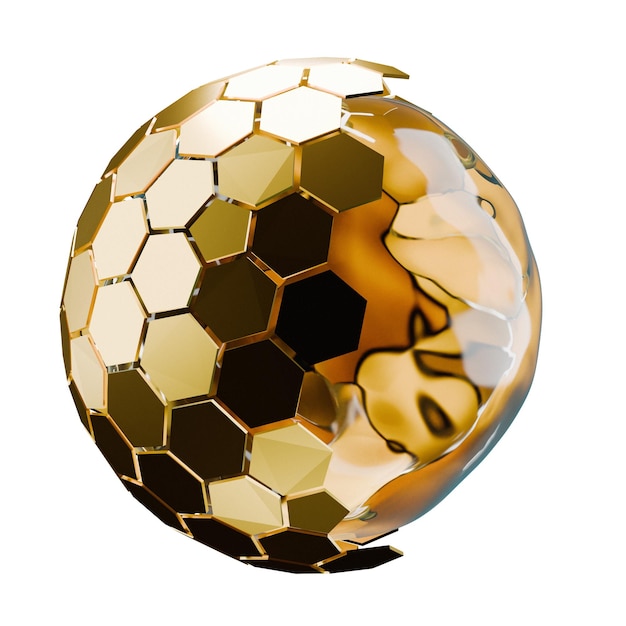 Zdjęcie złota sześciokątna abstrakcyjna siatka sferyczna 3d otaczająca ciekłą kulę