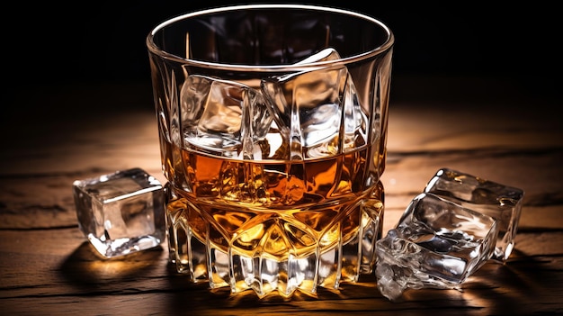 Złota szklanka whisky z kostkami lodu izolowanymi na brązowym tle idealna do umieszczania tekstu