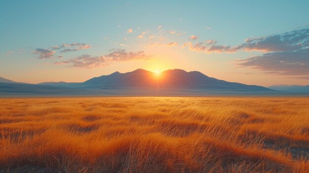 Złota trawa na tle gór o zachodzie słońca