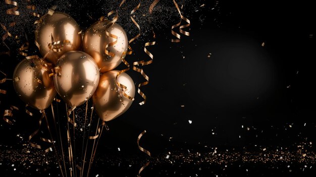 Zdjęcie złote balony z złotymi konfetami spadają na czarne tło festiwal i radosny nastrój chri