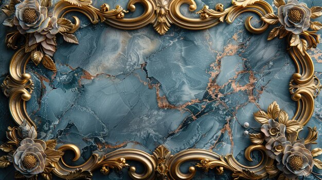 Złote barokowe elementy ramy na niebieskim marmurze