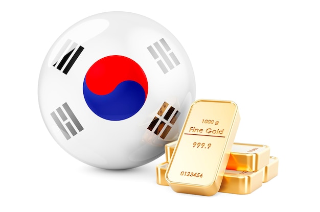 Złote bloki z południowokoreańską flagą Rezerwy giełdowe Korei Południowej koncepcja renderingu 3D