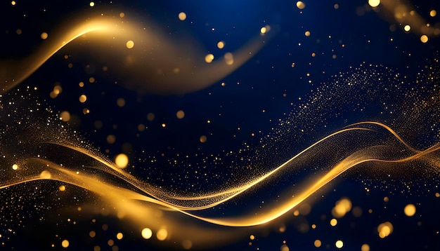 Złote błyszczące cząsteczki na ciemnoniebieskim tle do projektowania życzeń noworocznych i bożonarodzeniowych