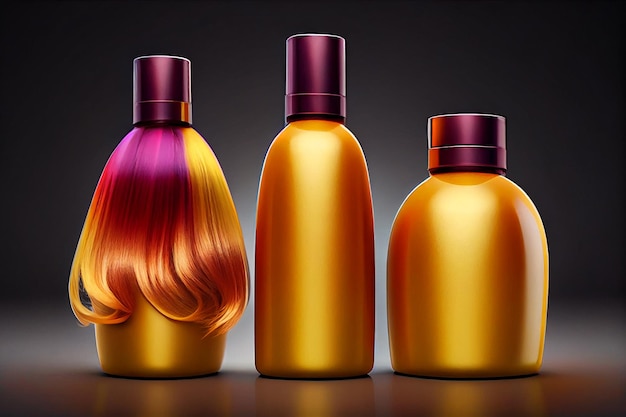 Złote butelki szamponu i żelu oraz peruki do włosów kosmetyki do pielęgnacji włosów ilustracja Generative AI