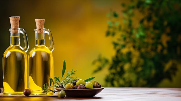 Złote butelki z oliwą z oliwek i octem z liśćmi tymianu i aromatycznymi ziołami menu kuchni włoskiej