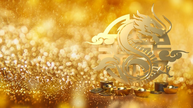 Złote chińskie pieniądze i smok zodiaku na rok 2024 renderowania 3d