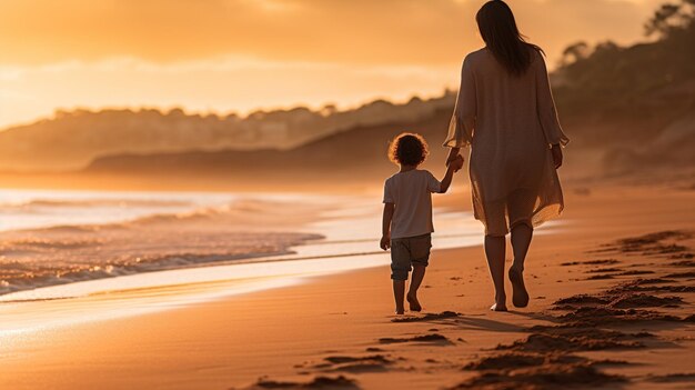 Złote chwile matki i dziecka na spacerze po plaży o zachodzie słońca