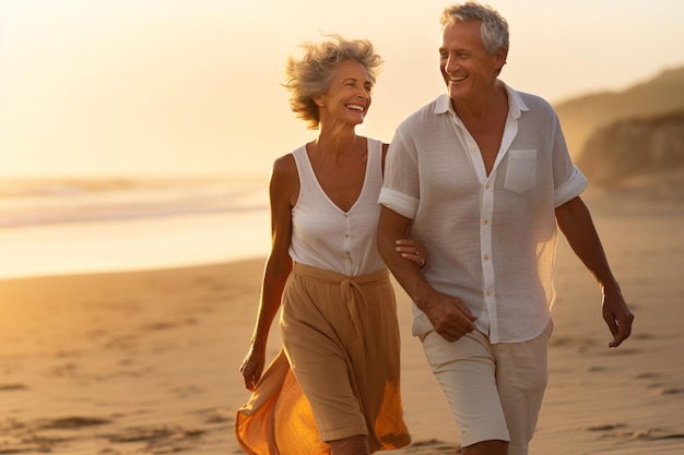 Złote chwile – spacer po plaży dla par w średnim wieku o zachodzie słońca