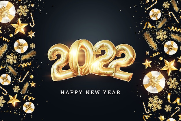 Złote cyfry 2022 ze złotych balonów foliowych. Szczęśliwego Nowego Roku. Nowoczesny design na ciemnym tle. Szablon projektu, nagłówek witryny, plakat, kartka sylwestrowa. Ilustracja 3D, renderowanie 3D.