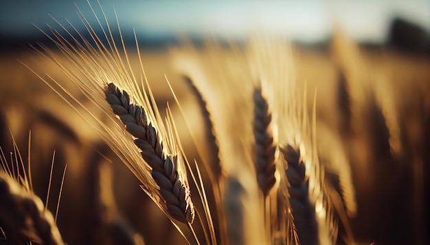 Złote dojrzałe kłosy pszenicy na naturze w letnim polu o zachodzie słońca promienie słońca zbliżenie makro